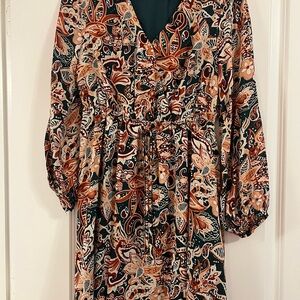 Floral Print Dress in Deep Green and Orange